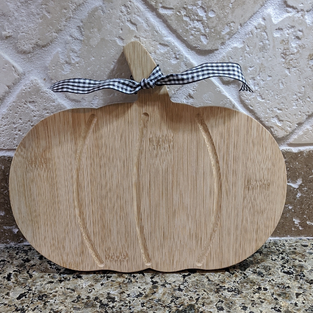 Pumpkin Shaped Wooden Display Serving Cutting Board with Ribbon